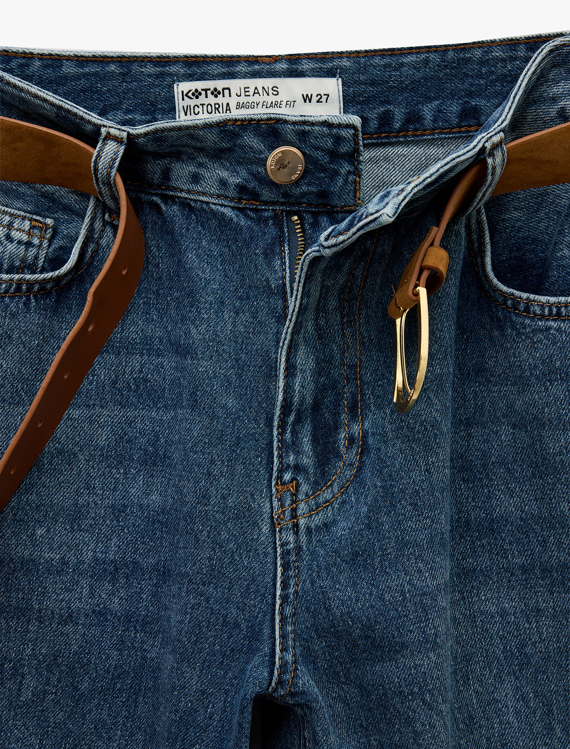   Pamuklu Düğmeli Kemer Detaylı İspanyol Paça Jean Pantolon - Flare Jeans