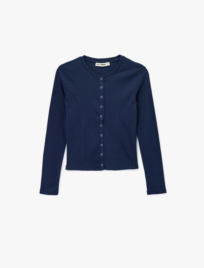  Uzun Kollu Bisiklet Yaka Dikiş Detaylı Çıtçıt Düğmeli Hırka