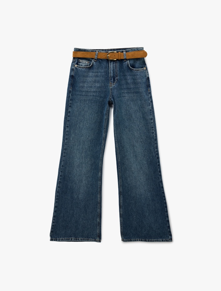  Pamuklu Düğmeli Kemer Detaylı İspanyol Paça Jean Pantolon - Flare Jeans