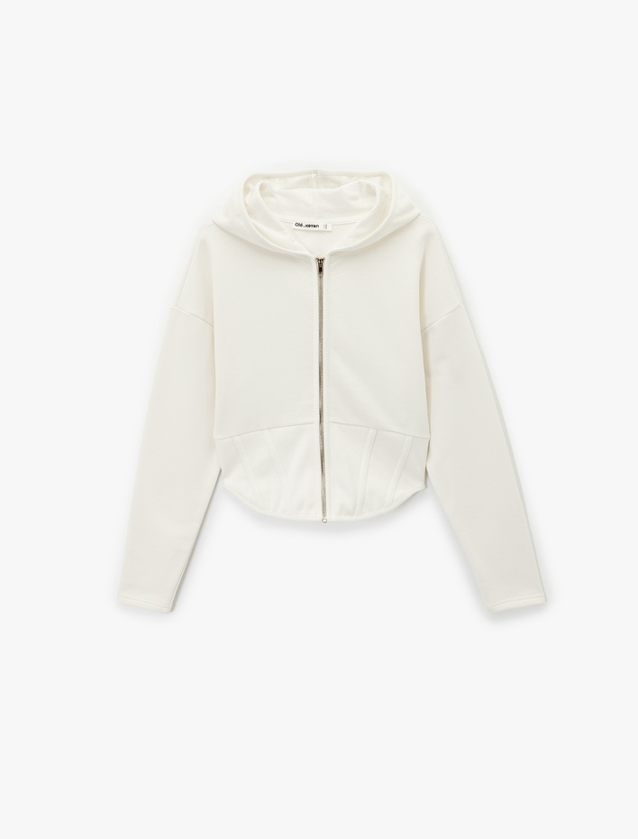  Kapüşonlu Slim Fit Fermuarlı Korse Detaylı Crop Hırka