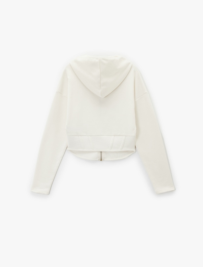  Kapüşonlu Slim Fit Fermuarlı Korse Detaylı Crop Hırka