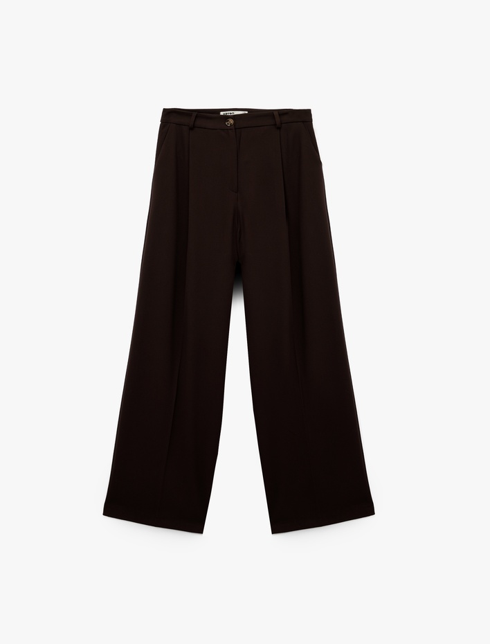  Pile Detaylı Loose Fit Geniş Paça Kumaş Pantolon