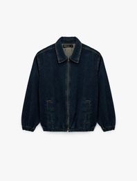 Gömlek Yaka Cepli Fermuarlı Oversize Bomber Jean Ceket