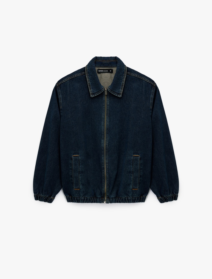  Gömlek Yaka Cepli Fermuarlı Oversize Bomber Jean Ceket