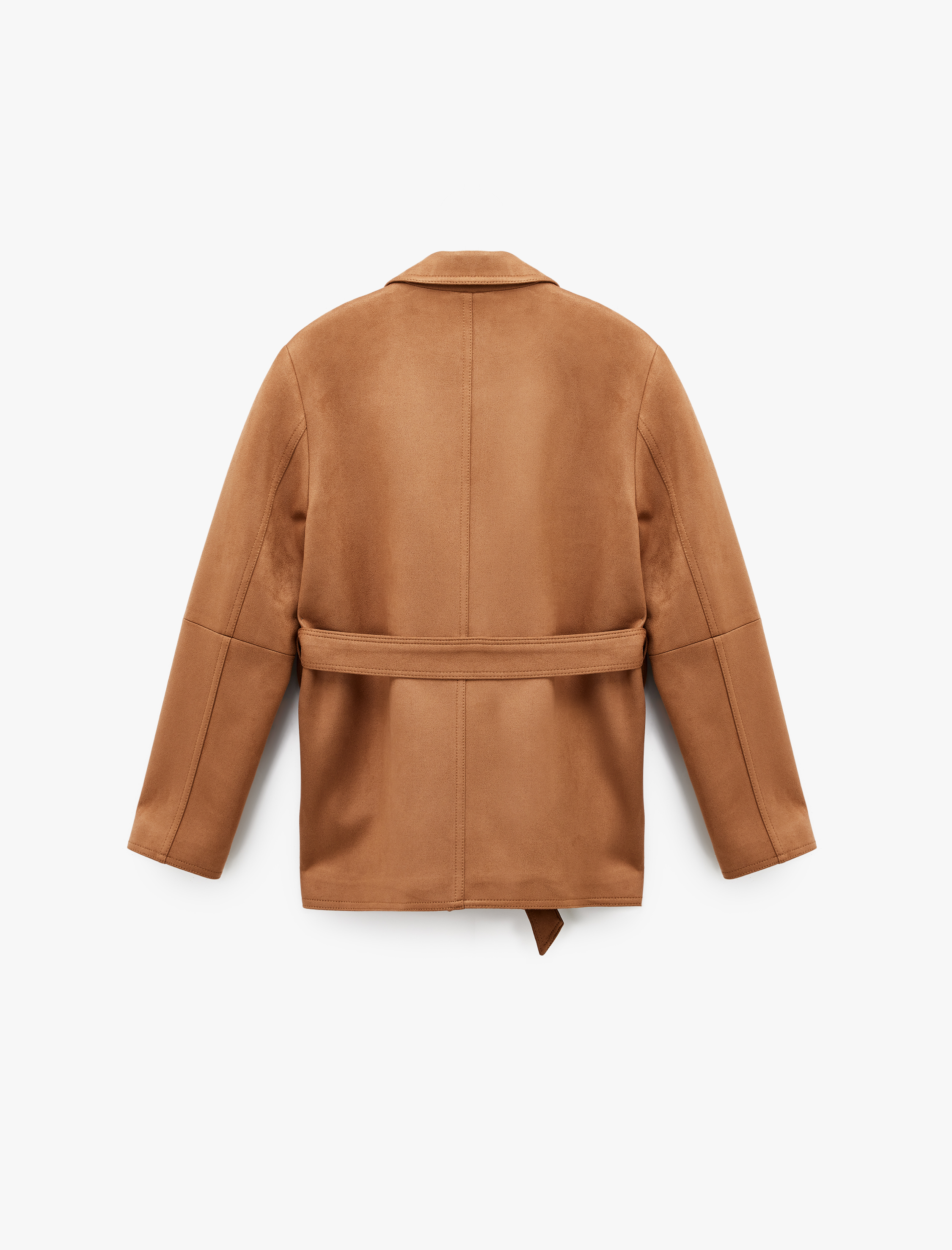   Uzun Kollu Düğmeli Cepli Kemerli Süet Görünümlü Ceket