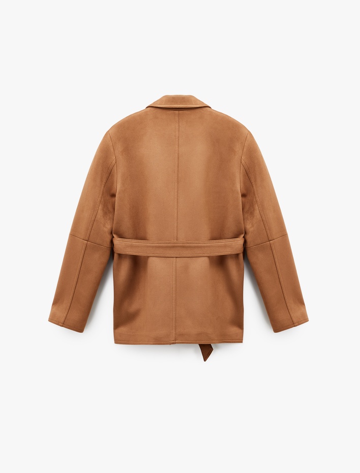  Uzun Kollu Düğmeli Cepli Kemerli Süet Görünümlü Ceket