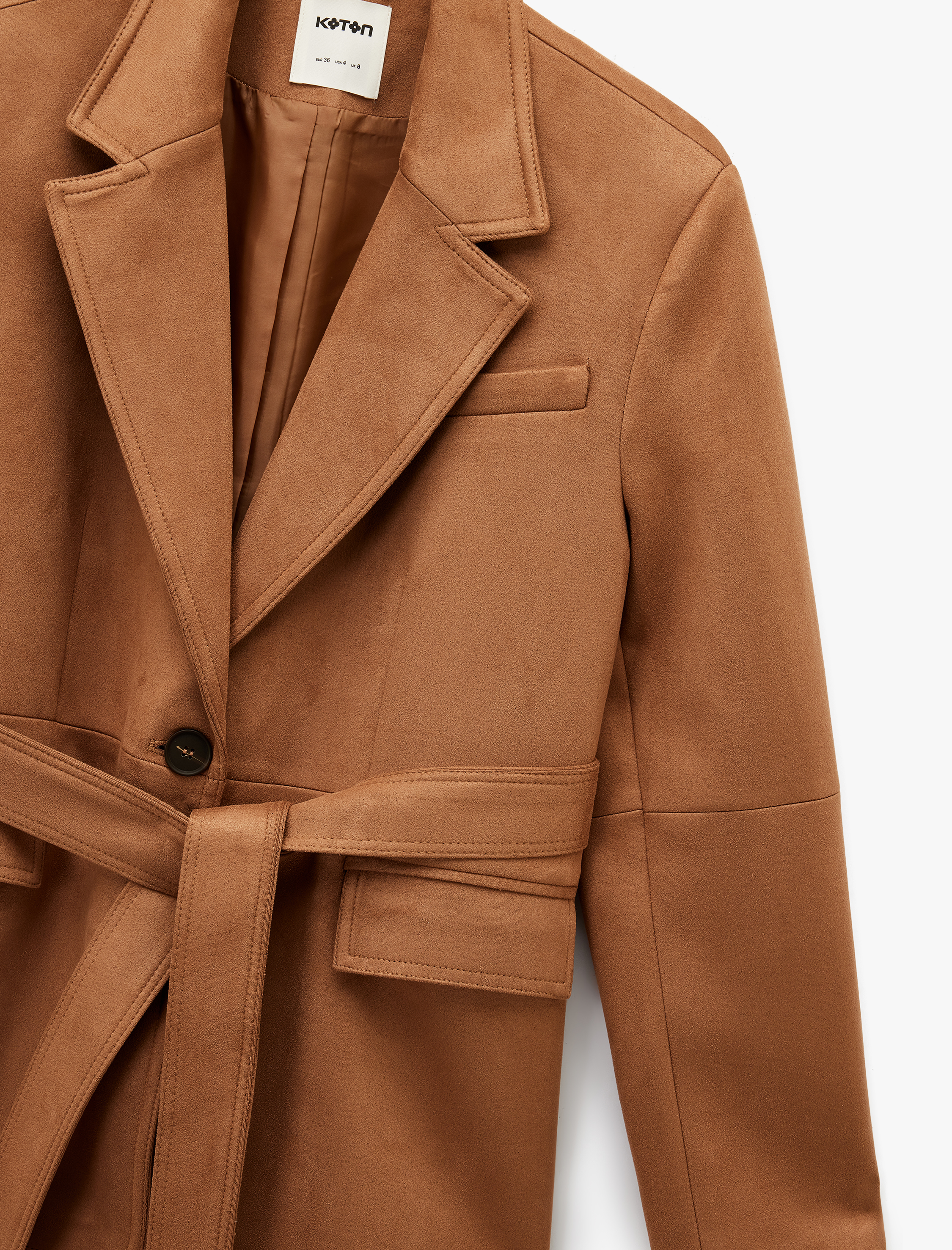   Uzun Kollu Düğmeli Cepli Kemerli Süet Görünümlü Ceket