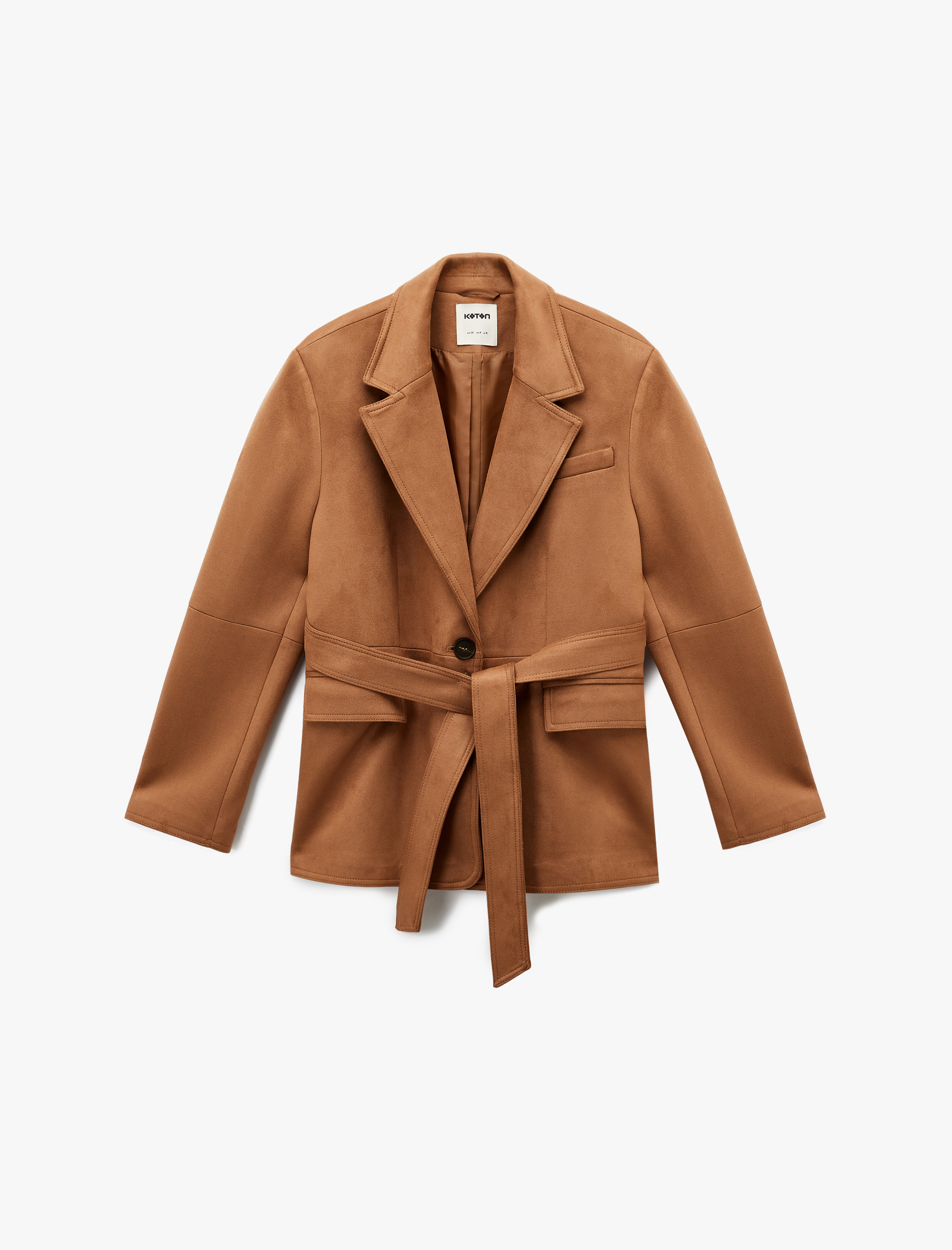   Uzun Kollu Düğmeli Cepli Kemerli Süet Görünümlü Ceket