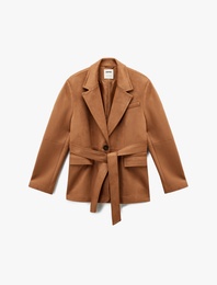 Uzun Kollu Düğmeli Cepli Kemerli Süet Görünümlü Ceket