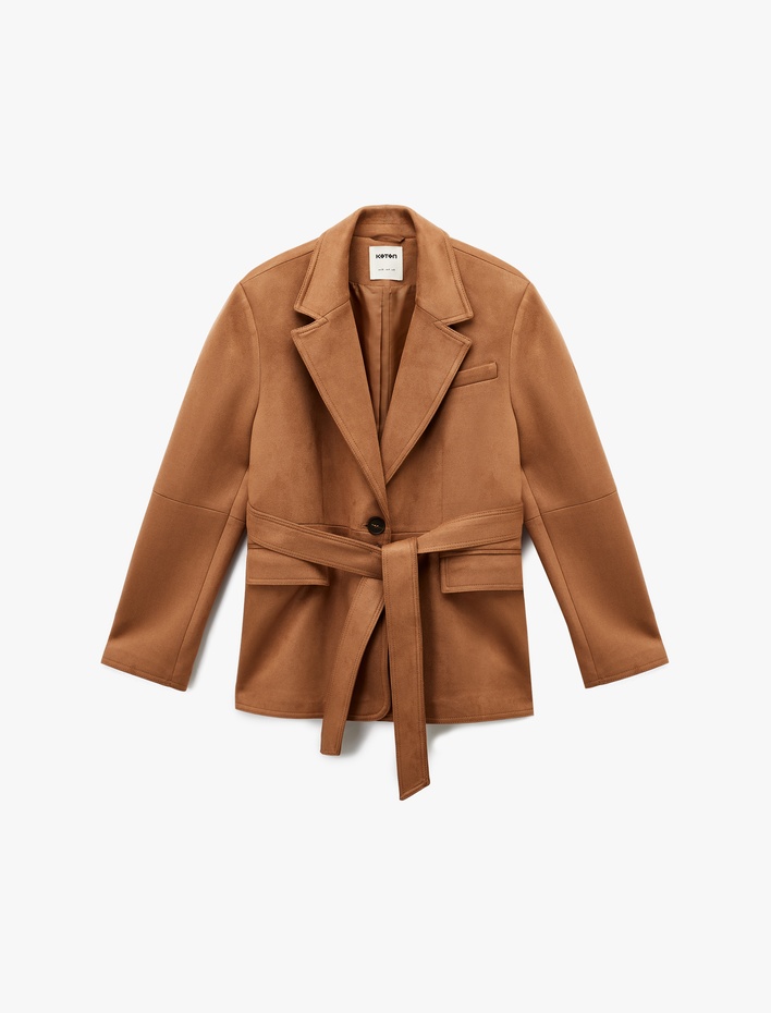  Uzun Kollu Düğmeli Cepli Kemerli Süet Görünümlü Ceket