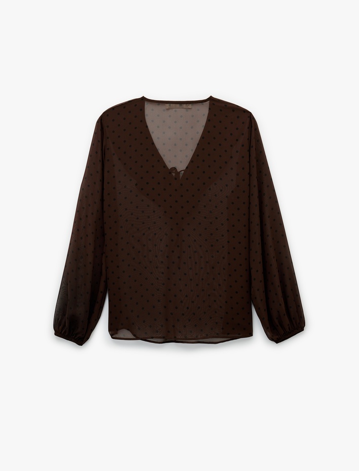  Uzun Kollu Fırfırlı Yaka Volanlı Puantiyeli Bluz