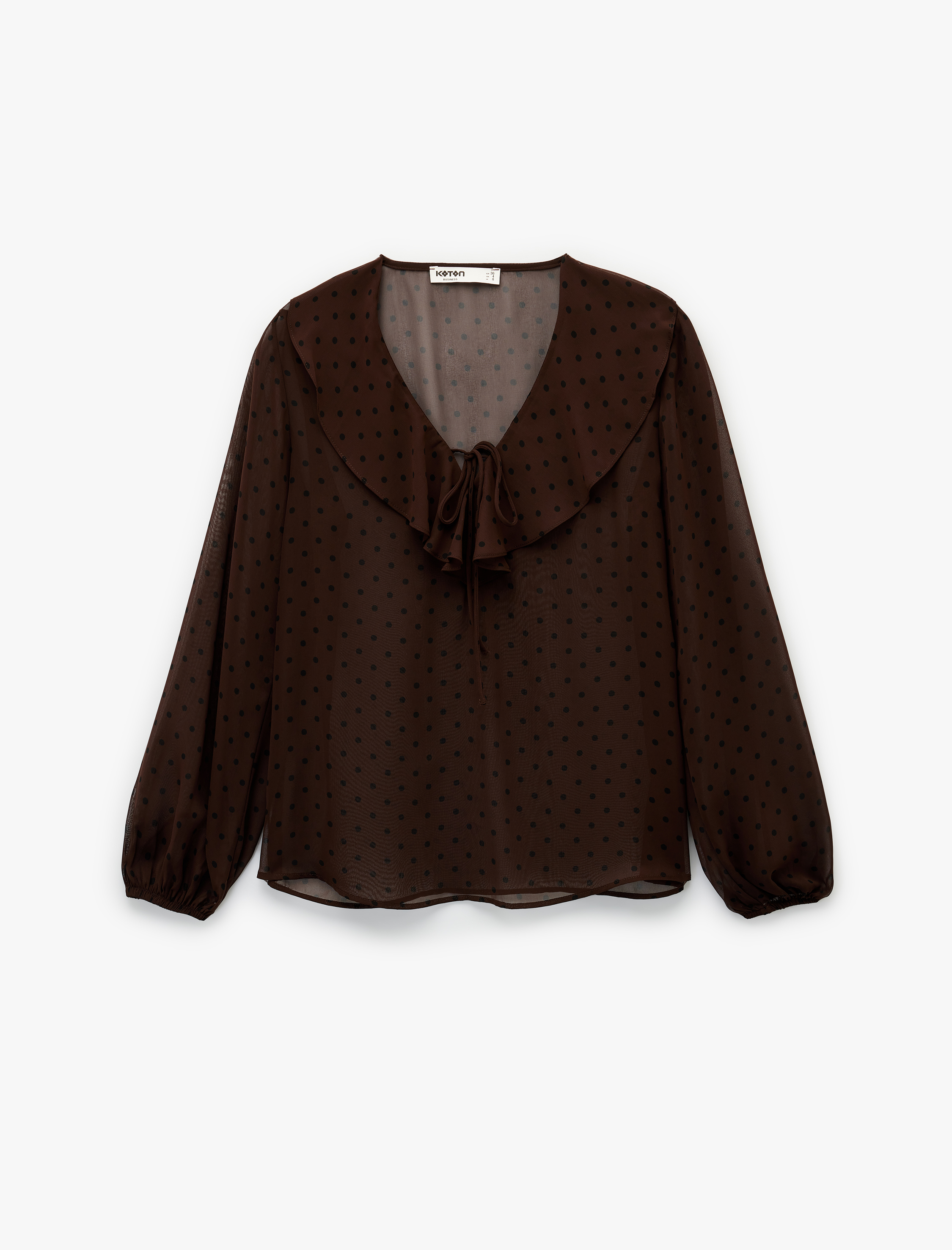   Uzun Kollu Fırfırlı Yaka Volanlı Puantiyeli Bluz