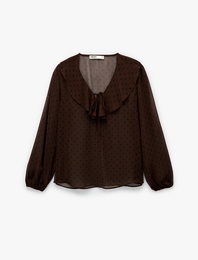 Uzun Kollu Fırfırlı Yaka Volanlı Puantiyeli Bluz