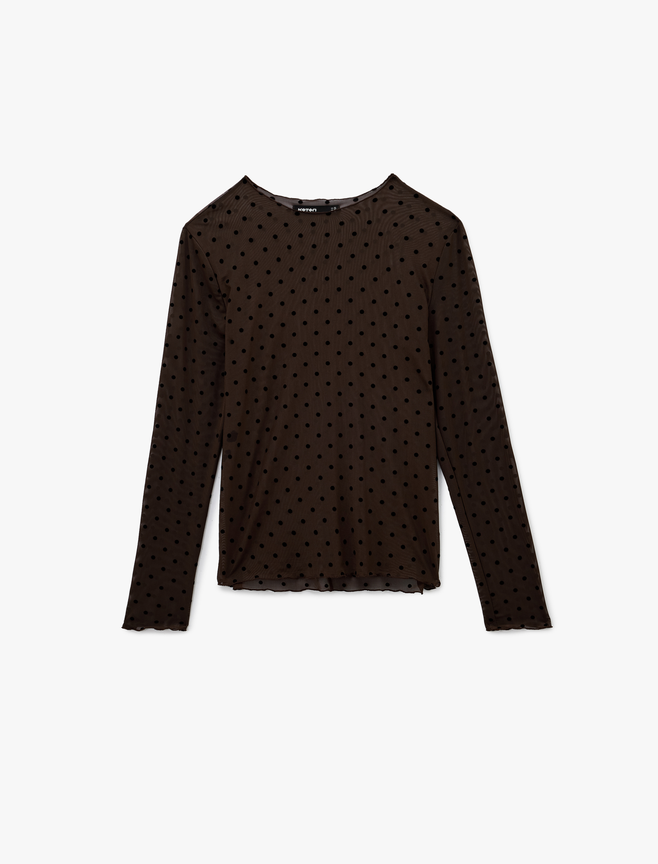   Yuvarlak Hafif Dik Yaka Uzun Kollu Tül Puantiyeli Tişört