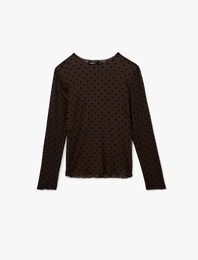 Yuvarlak Hafif Dik Yaka Uzun Kollu Tül Puantiyeli Tişört