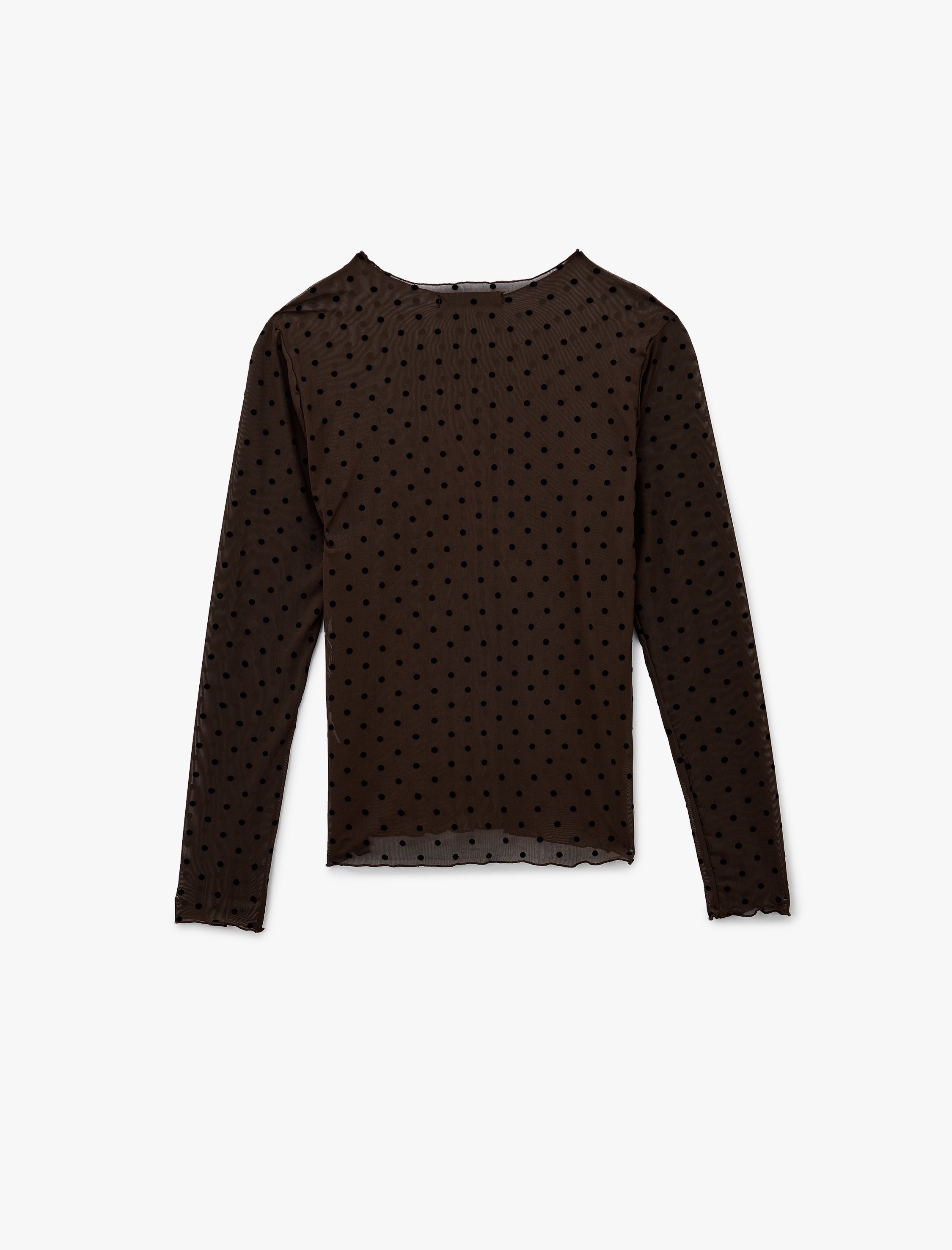   Yuvarlak Hafif Dik Yaka Uzun Kollu Tül Puantiyeli Tişört