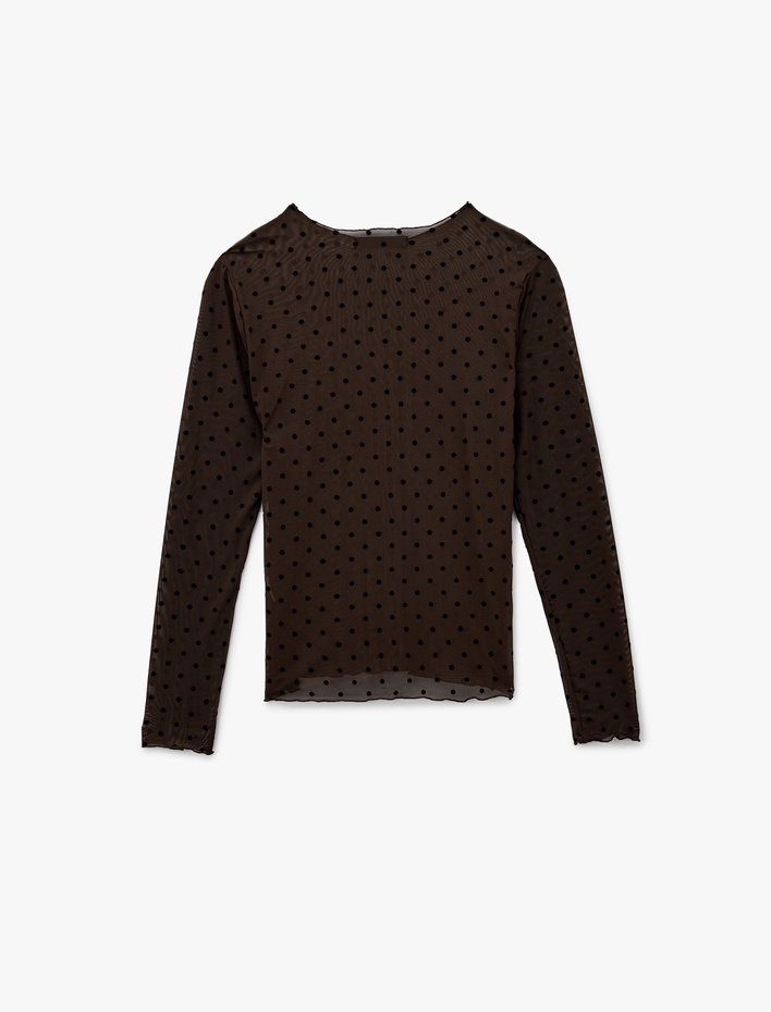  Yuvarlak Hafif Dik Yaka Uzun Kollu Tül Puantiyeli Tişört