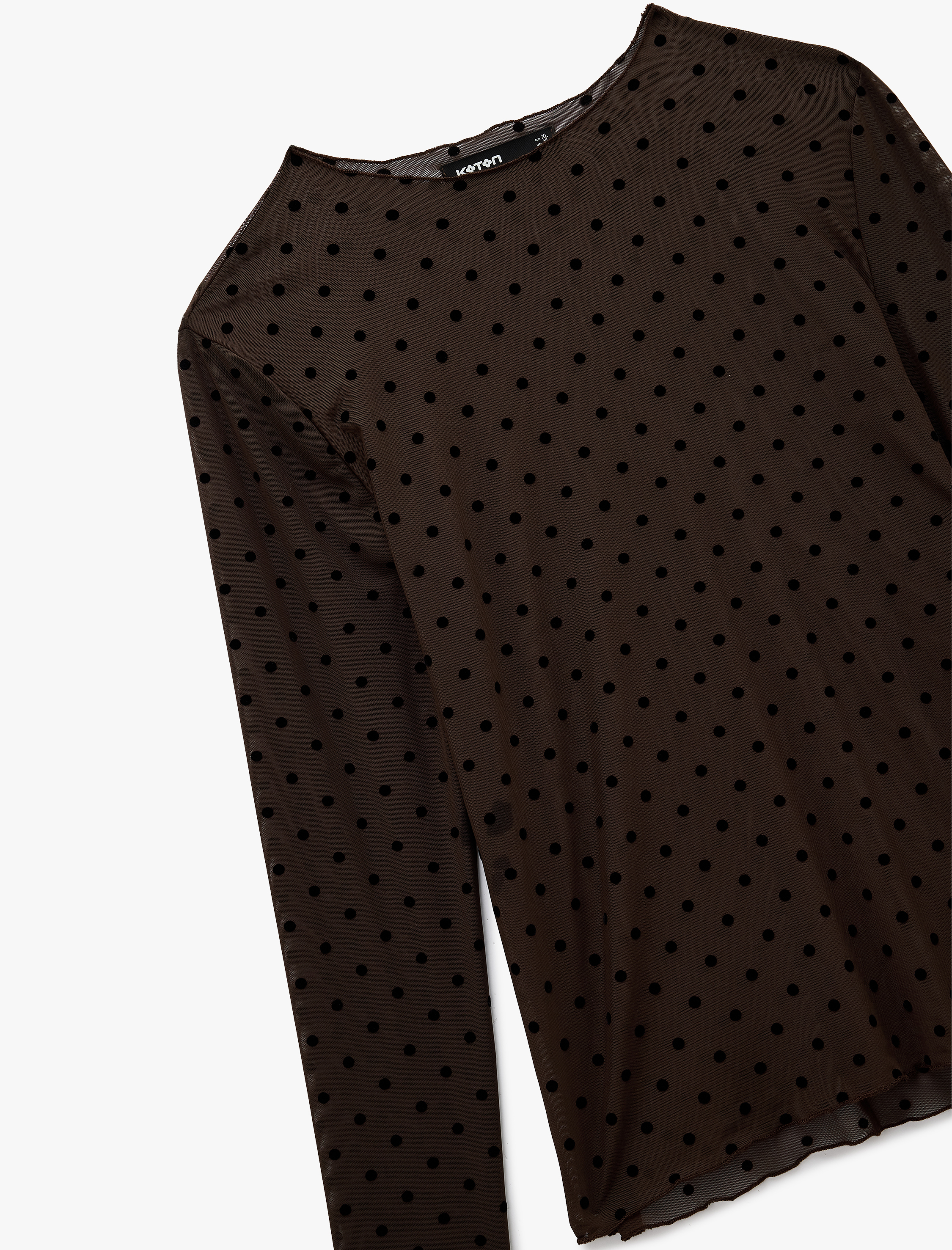   Yuvarlak Hafif Dik Yaka Uzun Kollu Tül Puantiyeli Tişört