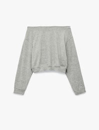 Viskon Karışımlı Kayık Yaka Omzu Açık Uzun Kollu Tişört