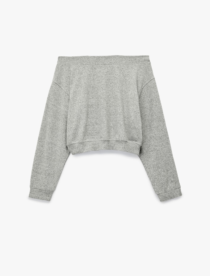  Viskon Karışımlı Kayık Yaka Omzu Açık Uzun Kollu Tişört