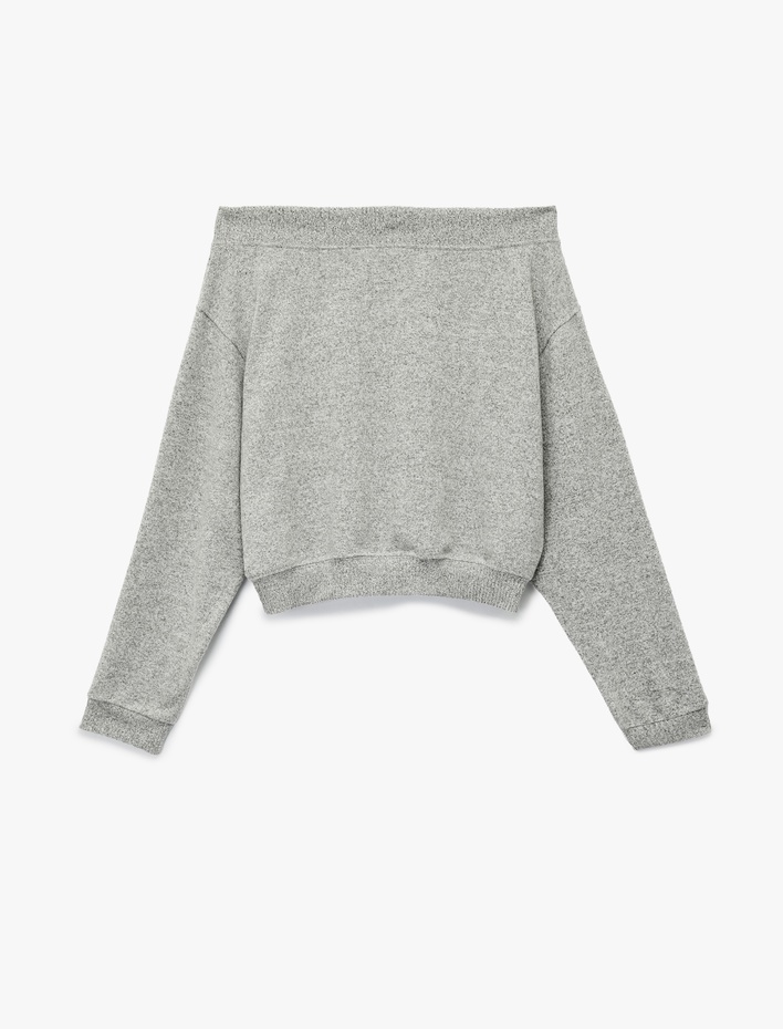  Viskon Karışımlı Kayık Yaka Omzu Açık Uzun Kollu Tişört