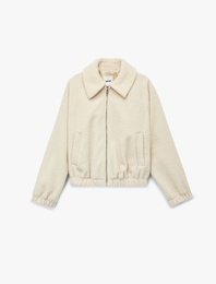 Bomber Ceket Crop Uzun Kollu Cepli Fermuarlı