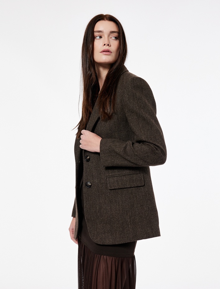  Koton X Şahika Ercümen - Uzun Kollu Düğmeli Cepli Desenli Kışlık Blazer Ceket