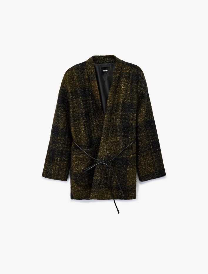  Uzun Kollu Kruvaze Buklet Kemerli Ekose Buklet Kaban