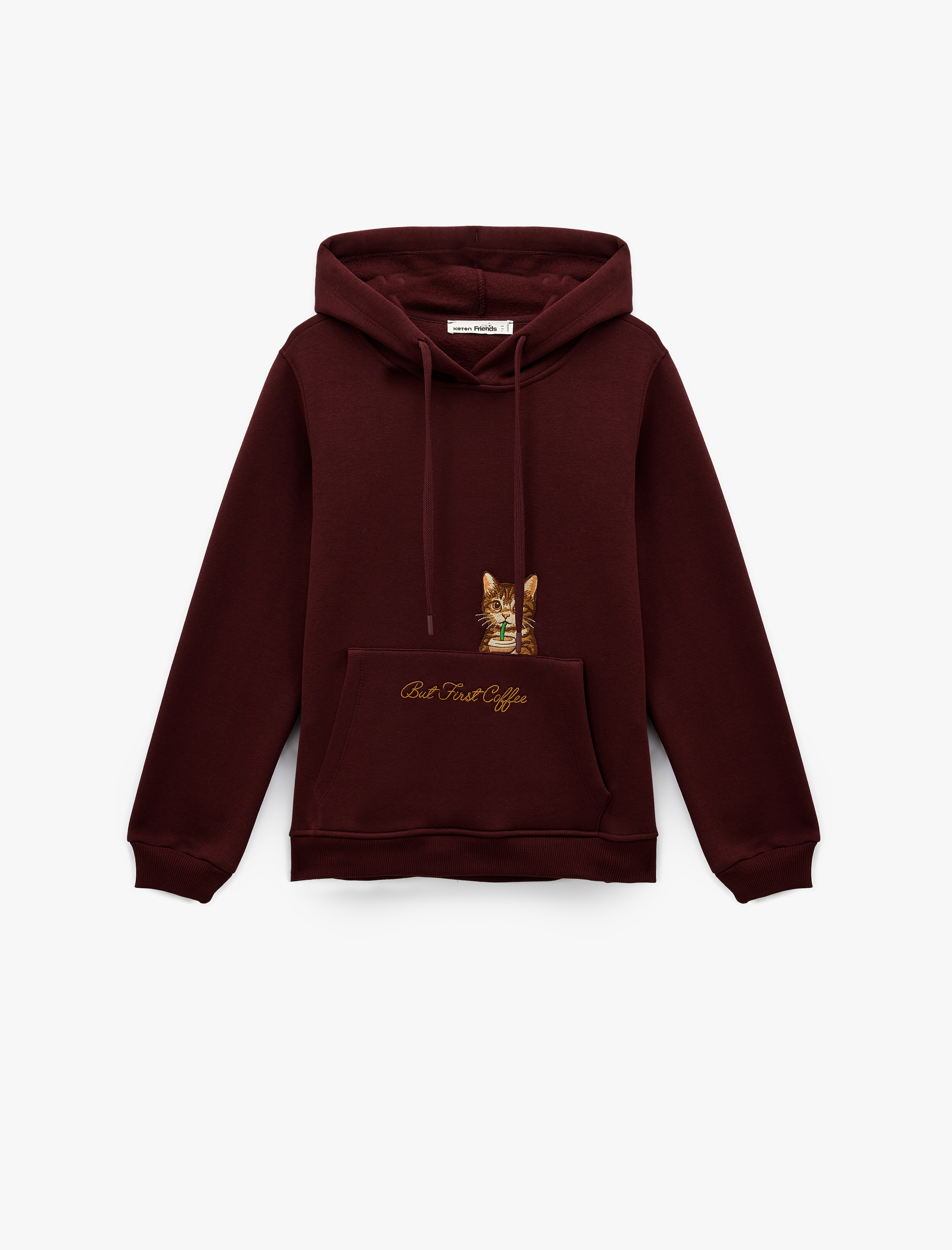   Şardonlu Kanguru Cepli Kapüşonlu Kedi İşlemeli Sweatshirt