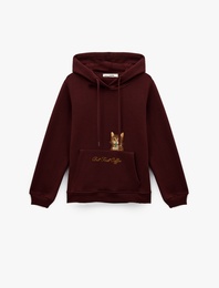 Şardonlu Kanguru Cepli Kapüşonlu Kedi İşlemeli Sweatshirt