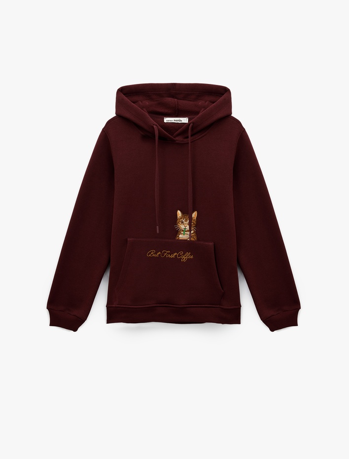  Şardonlu Kanguru Cepli Kapüşonlu Kedi İşlemeli Sweatshirt