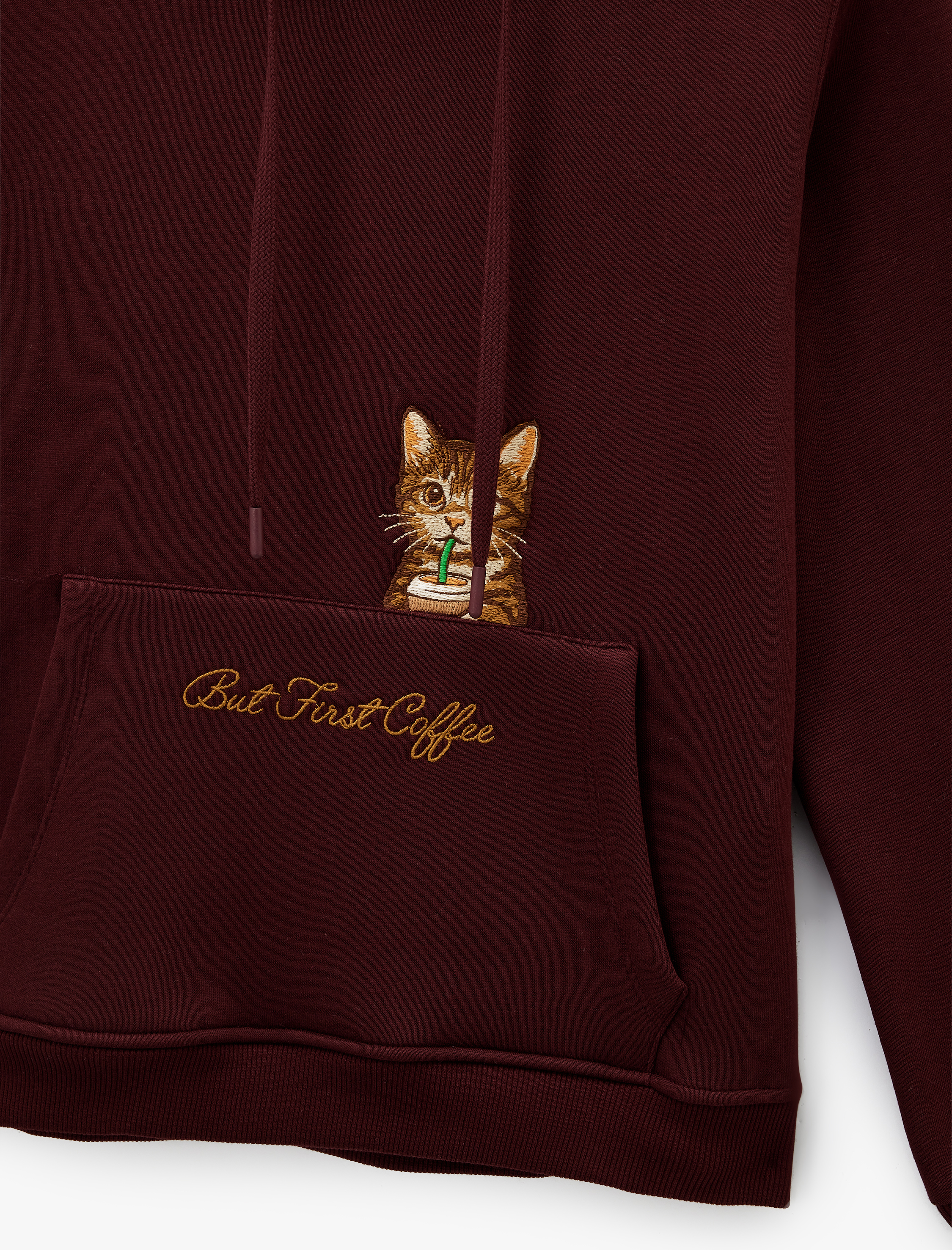   Şardonlu Kanguru Cepli Kapüşonlu Kedi İşlemeli Sweatshirt