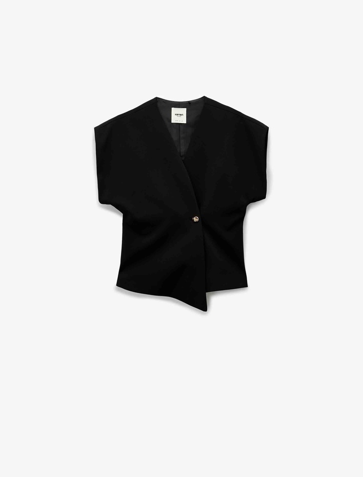  Kolsuz Metal Aksesuarlı Düğmeli Asimetrik Kruvaze Yaka Yelek