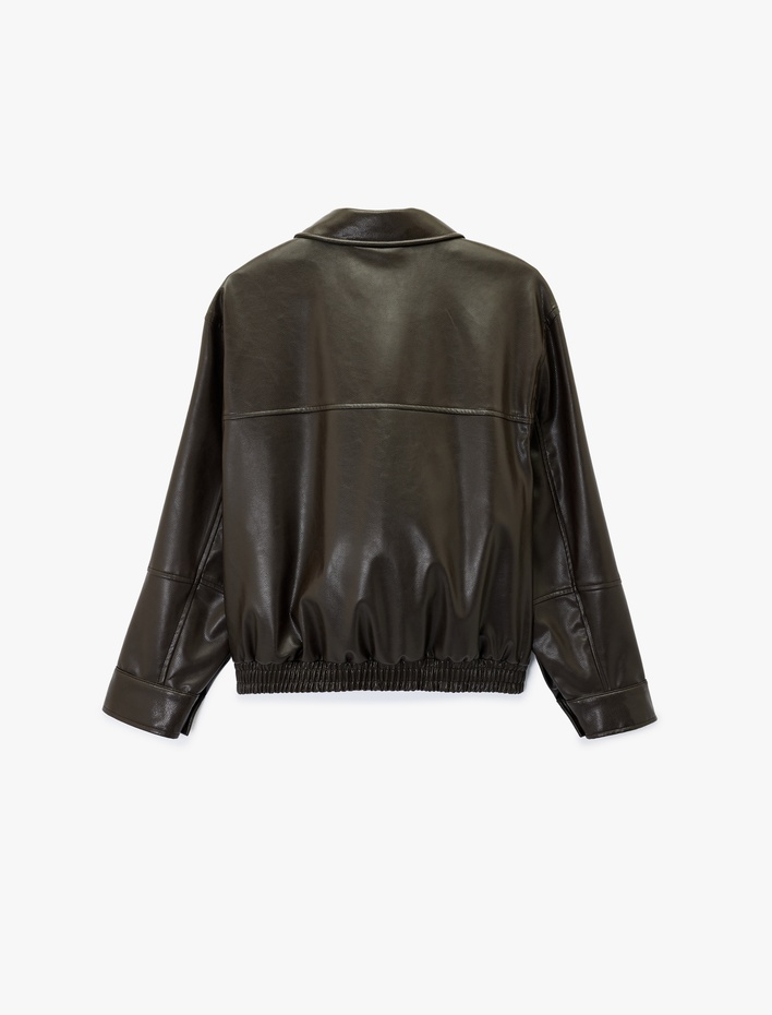  Fermuarlı Uzun Kollu Cepli Suni Deri Ceket