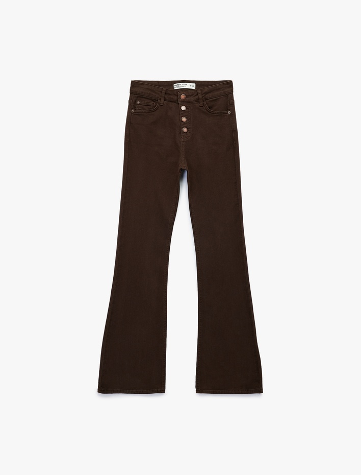  Düğme Detaylı Cepli Yüksek Bel İspanyol Paça Jean Pantolon - Flare Jeans