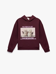 Uzun Kollu Kapşonlu Oversize Baskılı Sweatshirt