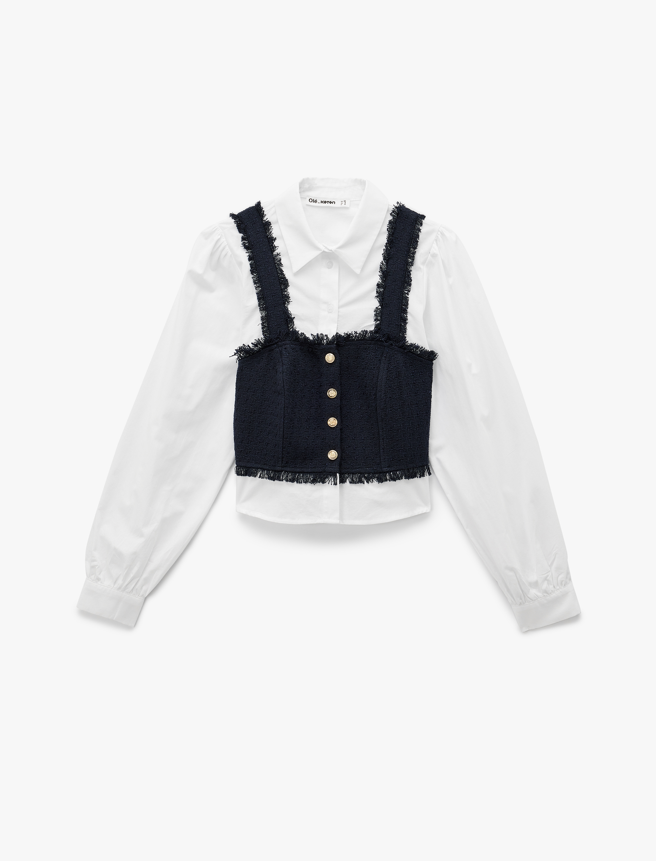   Pamuklu Uzun Kollu Düğme Detaylı Gömlek Yaka Crop Bluz