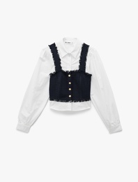 Pamuklu Uzun Kollu Düğme Detaylı Gömlek Yaka Crop Bluz