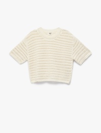 Ajurlu Kısa Kollu Bisiklet Yaka Pamuklu Triko Kazak