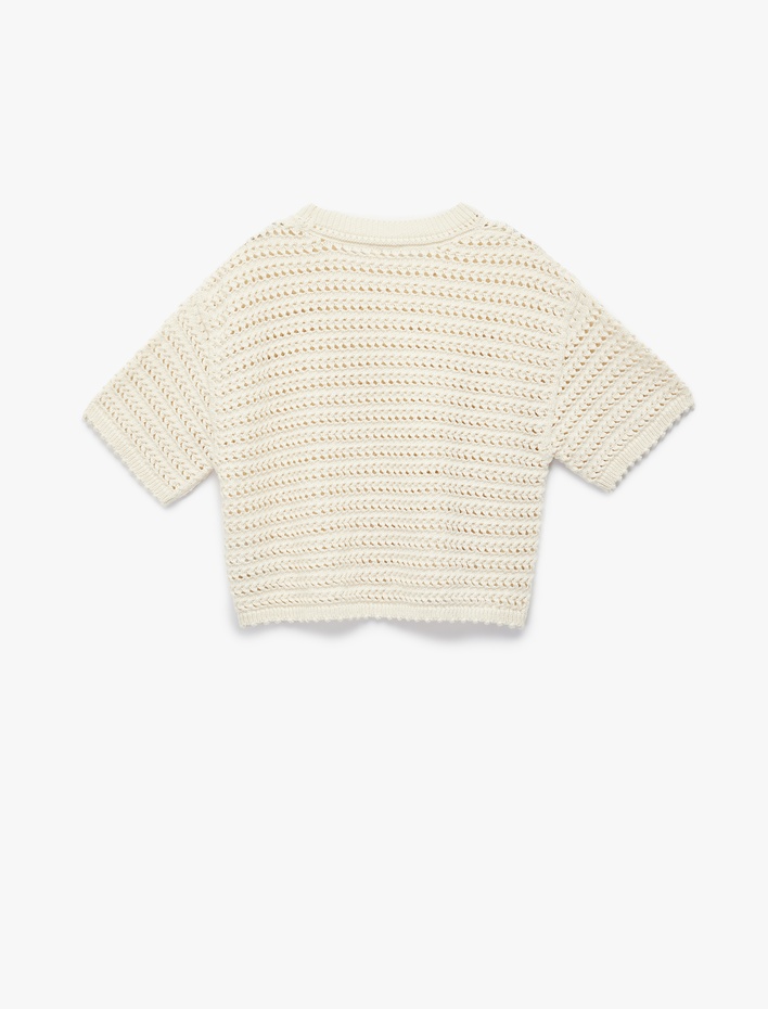 Kız Çocuk Ajurlu Kısa Kollu Bisiklet Yaka Pamuklu Triko Kazak