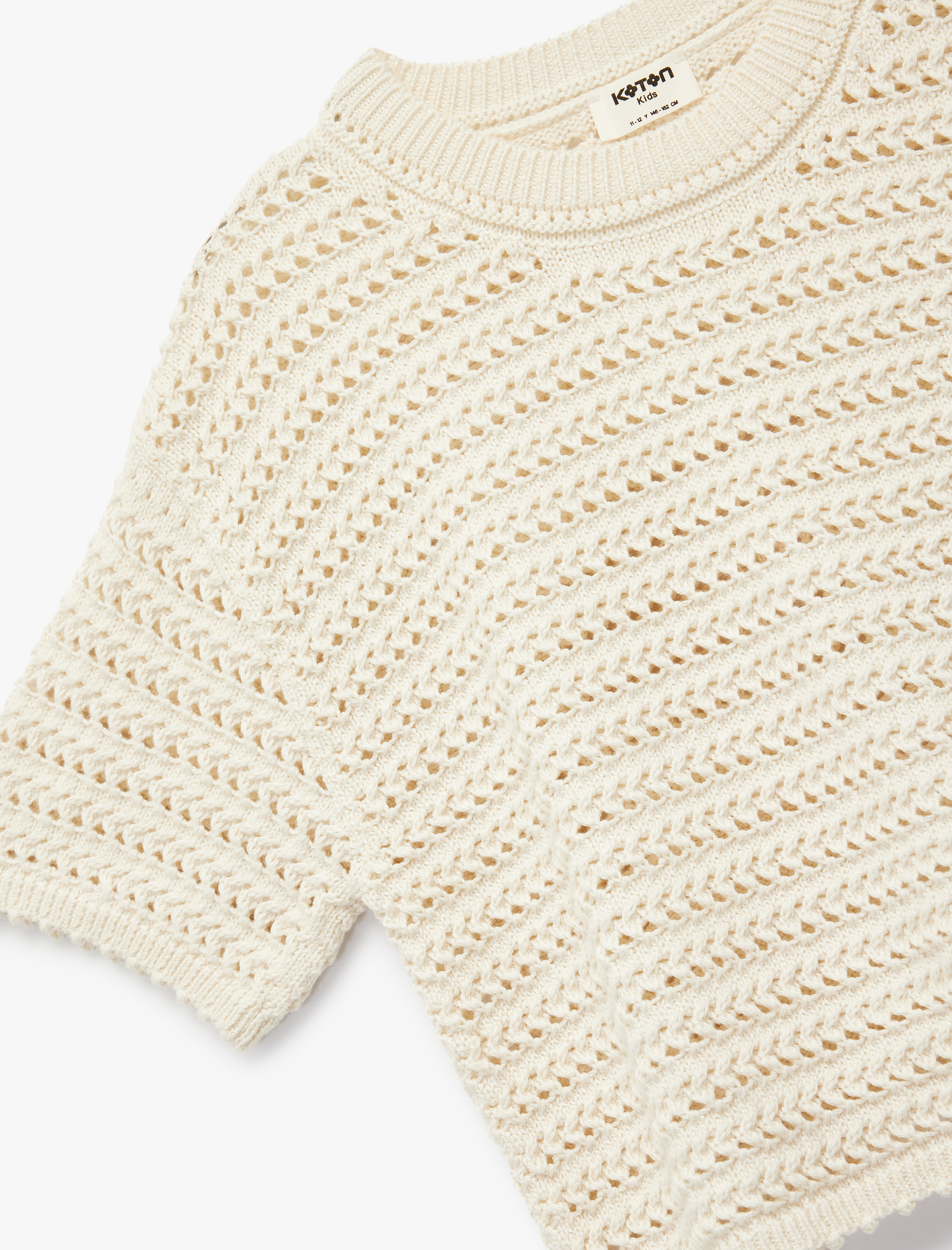  Kız Çocuk Ajurlu Kısa Kollu Bisiklet Yaka Pamuklu Triko Kazak