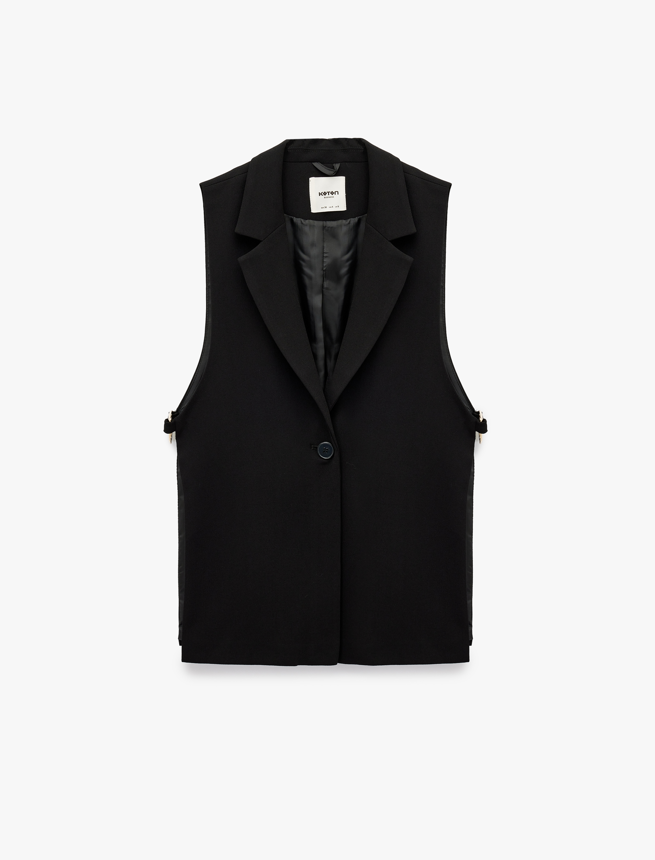   Geniş Yaka Metal Aksesuar Detaylı Düğmeli Kolsuz Yelek