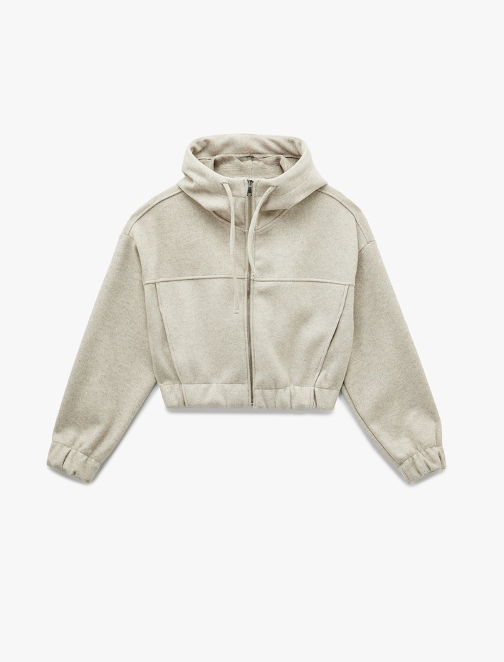  Kapüşonlu Uzun Kollu Fermuarlı Crop Ceket