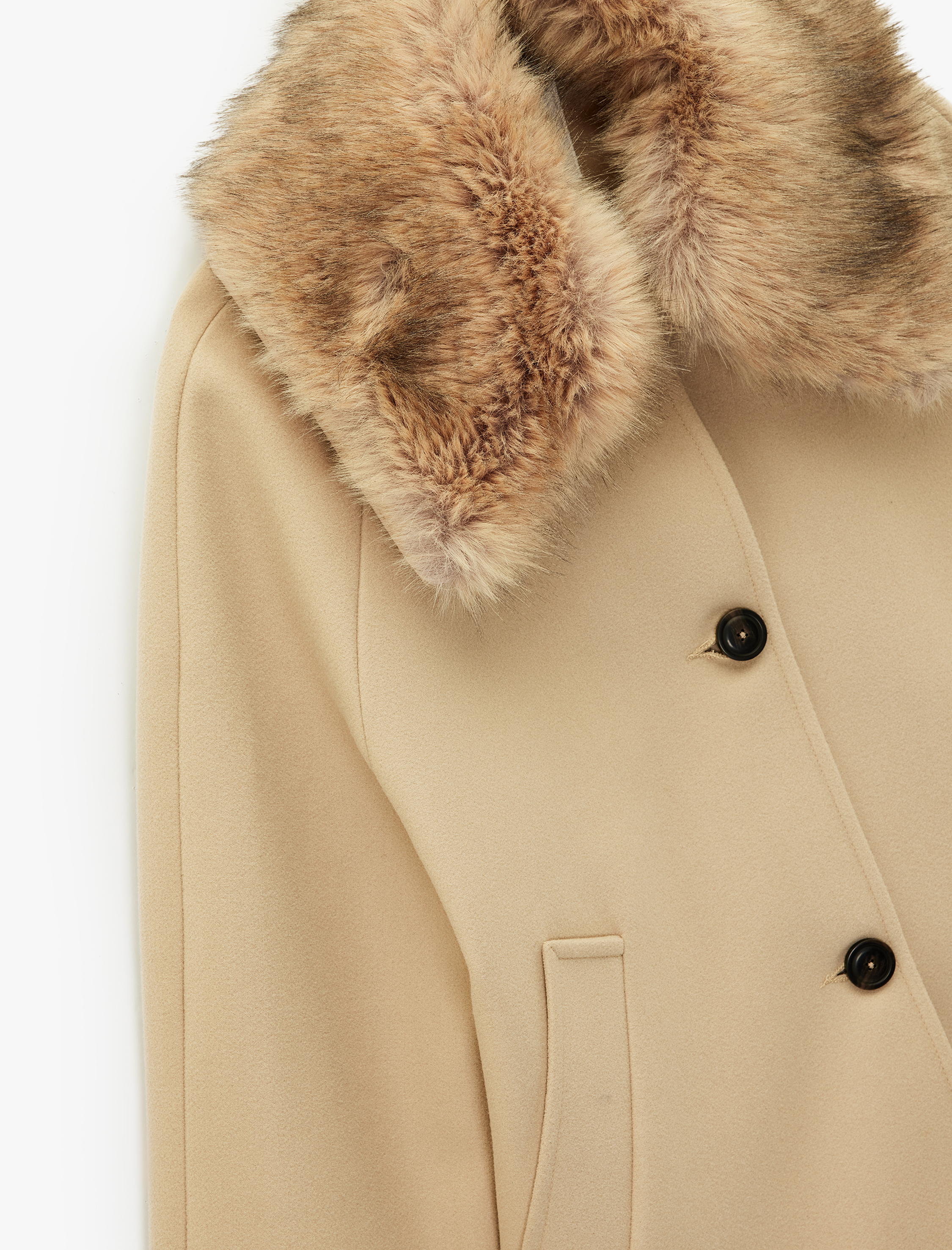   Suni Kürk Yaka Kısa Kaşe Kaban Cepli Uzun Kollu