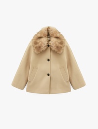 Suni Kürk Yaka Kısa Kaşe Kaban Cepli Uzun Kollu