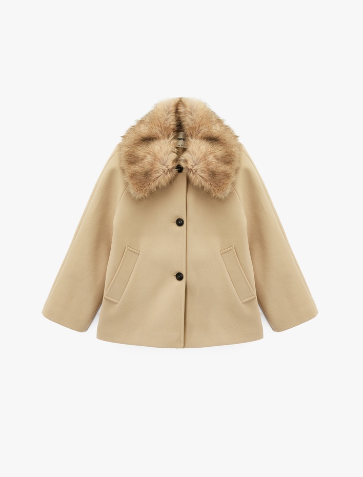  Suni Kürk Yaka Kısa Kaşe Kaban Cepli Uzun Kollu