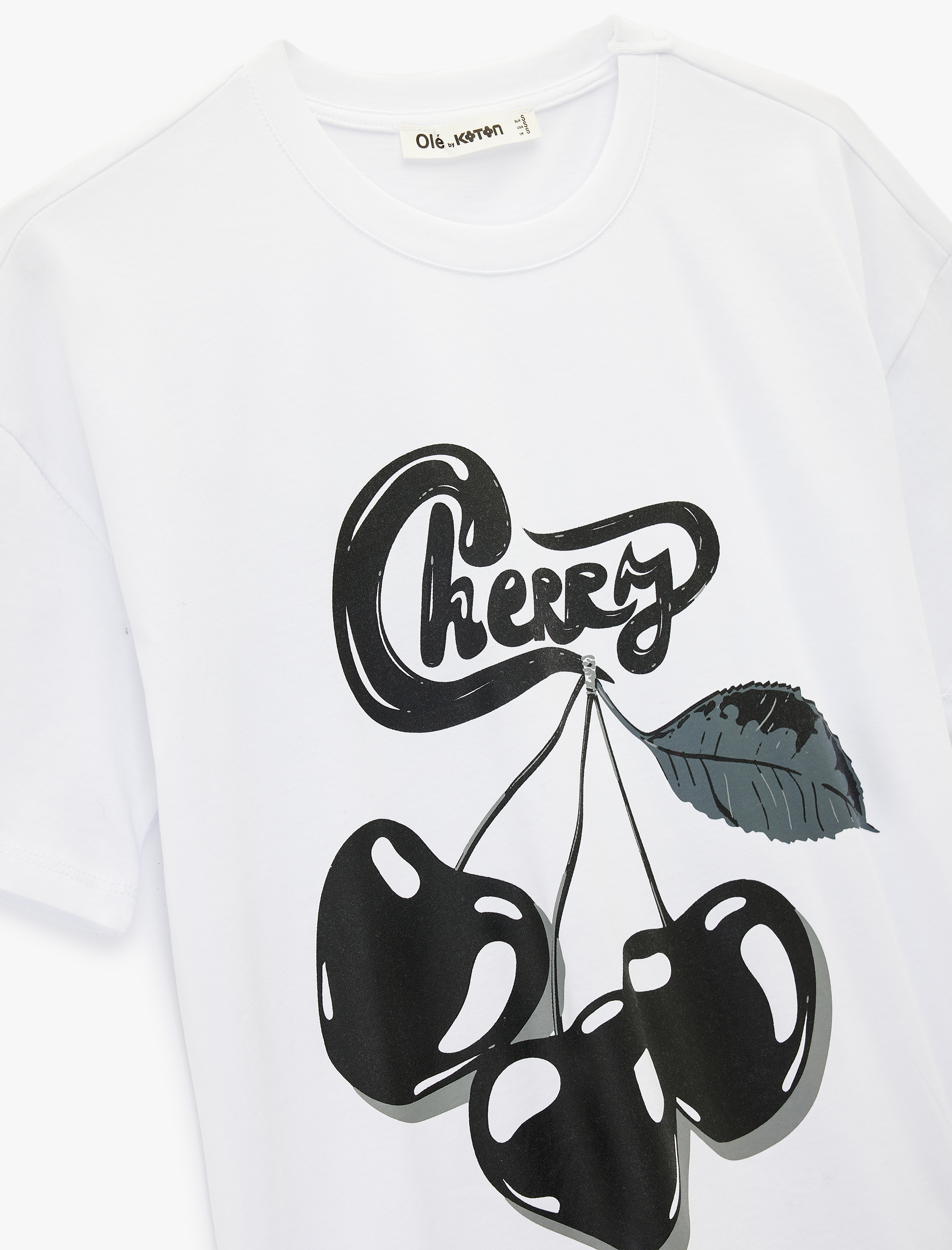   Kısa Kollu Bisiklet Yaka Arkası Kiraz Baskılı Oversize Tişört