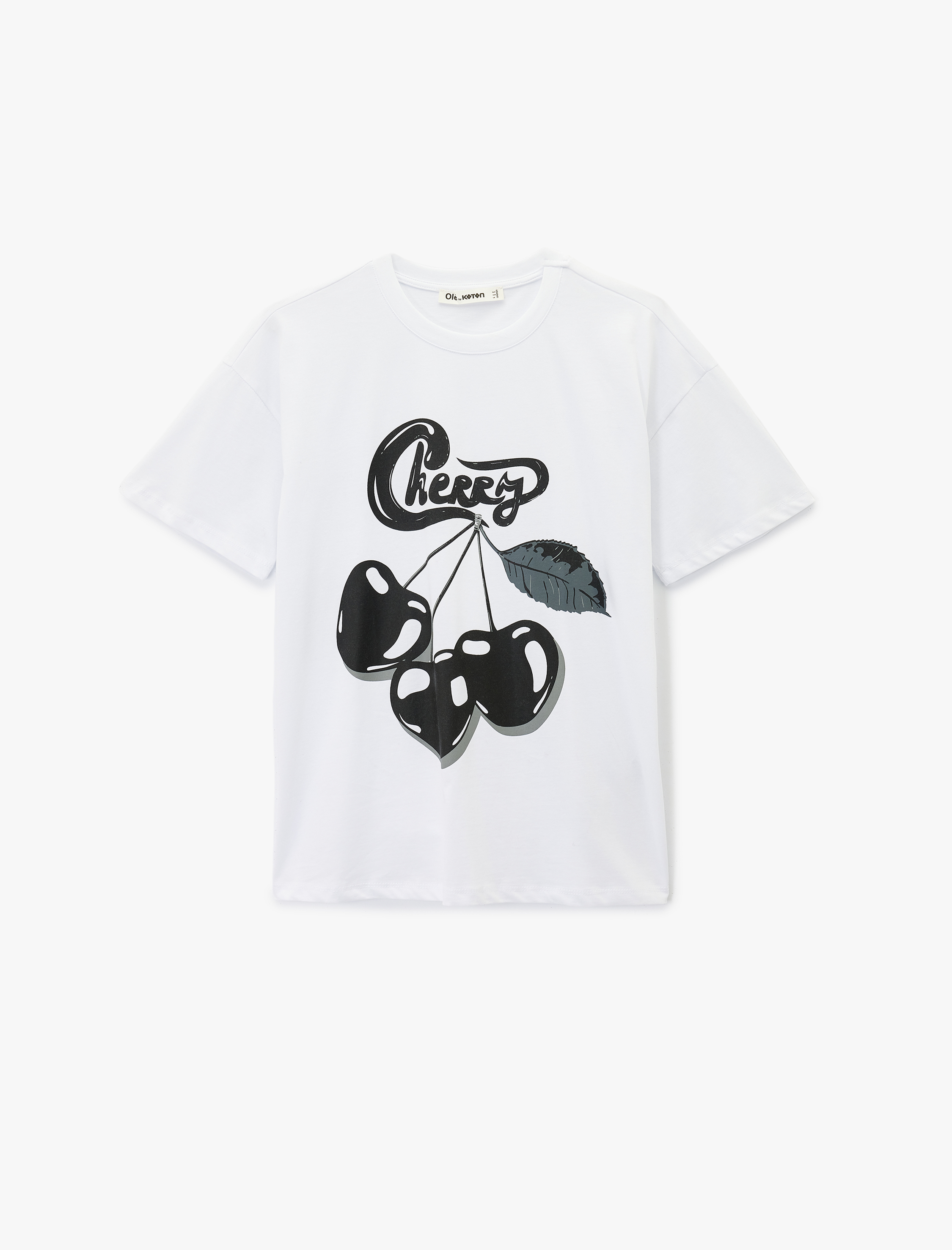   Kısa Kollu Bisiklet Yaka Arkası Kiraz Baskılı Oversize Tişört