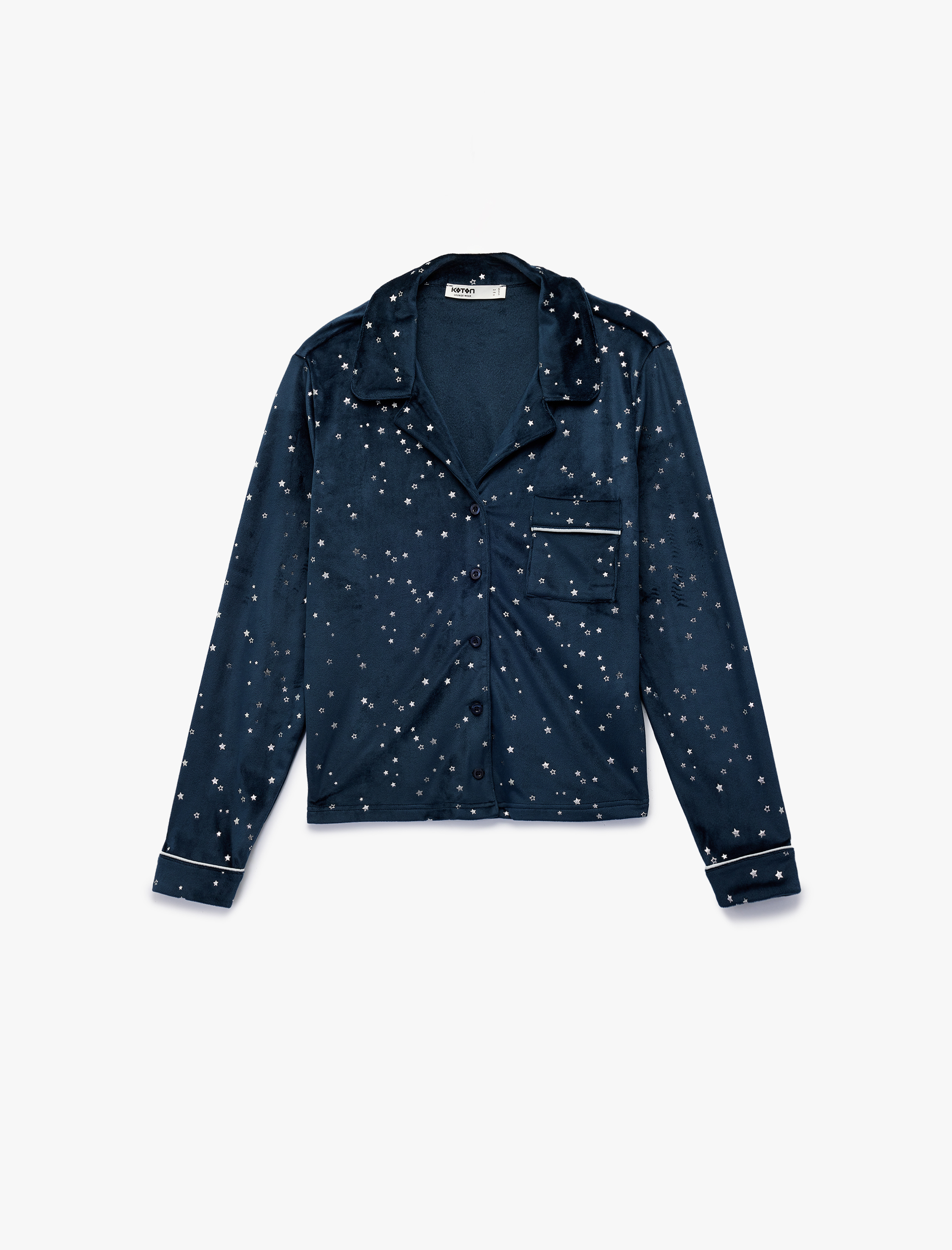   Rahat Kalıp Uzun Kollu Gömlek Yaka Yıldızlı Kadife Pijama Üstü