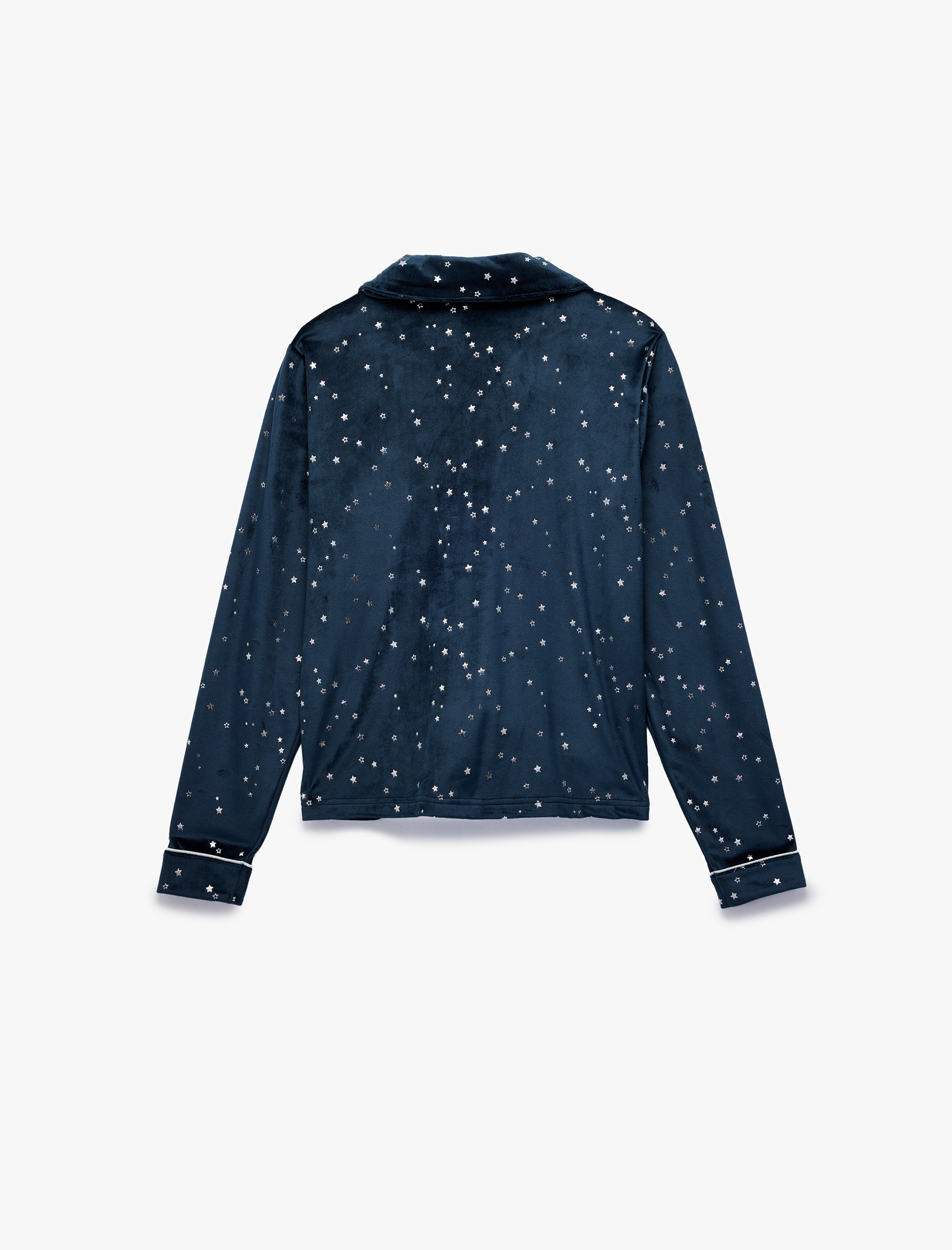   Rahat Kalıp Uzun Kollu Gömlek Yaka Yıldızlı Kadife Pijama Üstü